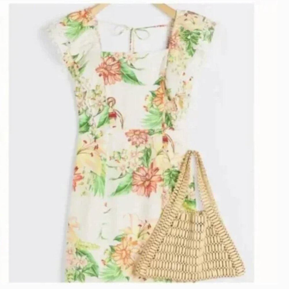 ⭐️ Farm Rio Denyse Linen Floral Ruffle Boho Peasant Hipster Hippie Beaded Dress